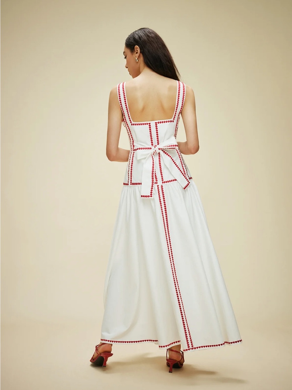 Commense White Cotton Contrast Trim Back Tie Maxi Dress M | Romantic - Picture 4 of 8